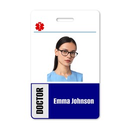 Image of Doctor's badge with photo of woman on white background