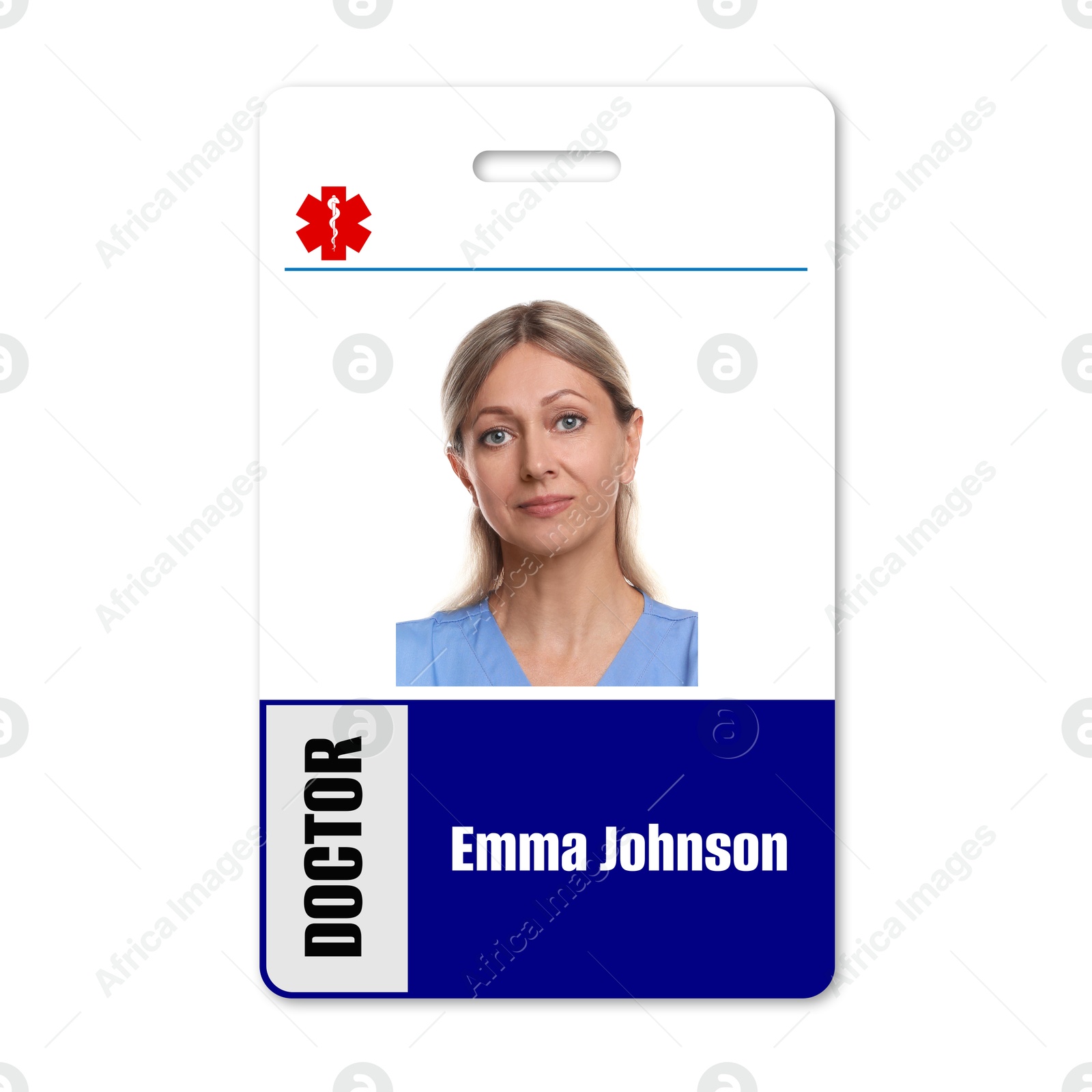 Image of Doctor's badge with photo of woman on white background