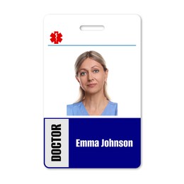 Image of Doctor's badge with photo of woman on white background