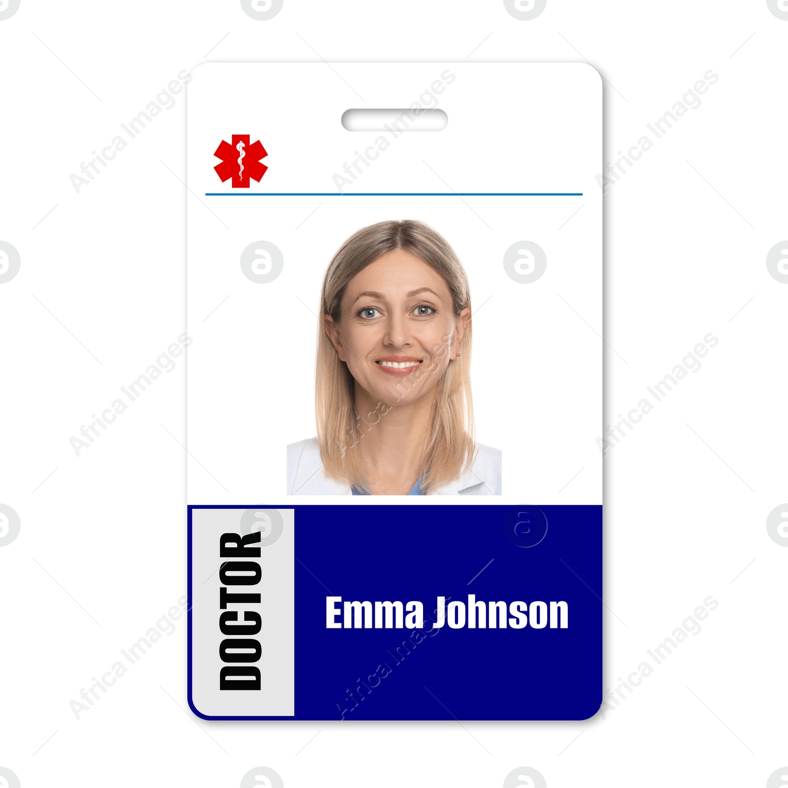 Image of Doctor's badge with photo of woman on white background