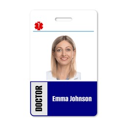 Image of Doctor's badge with photo of woman on white background