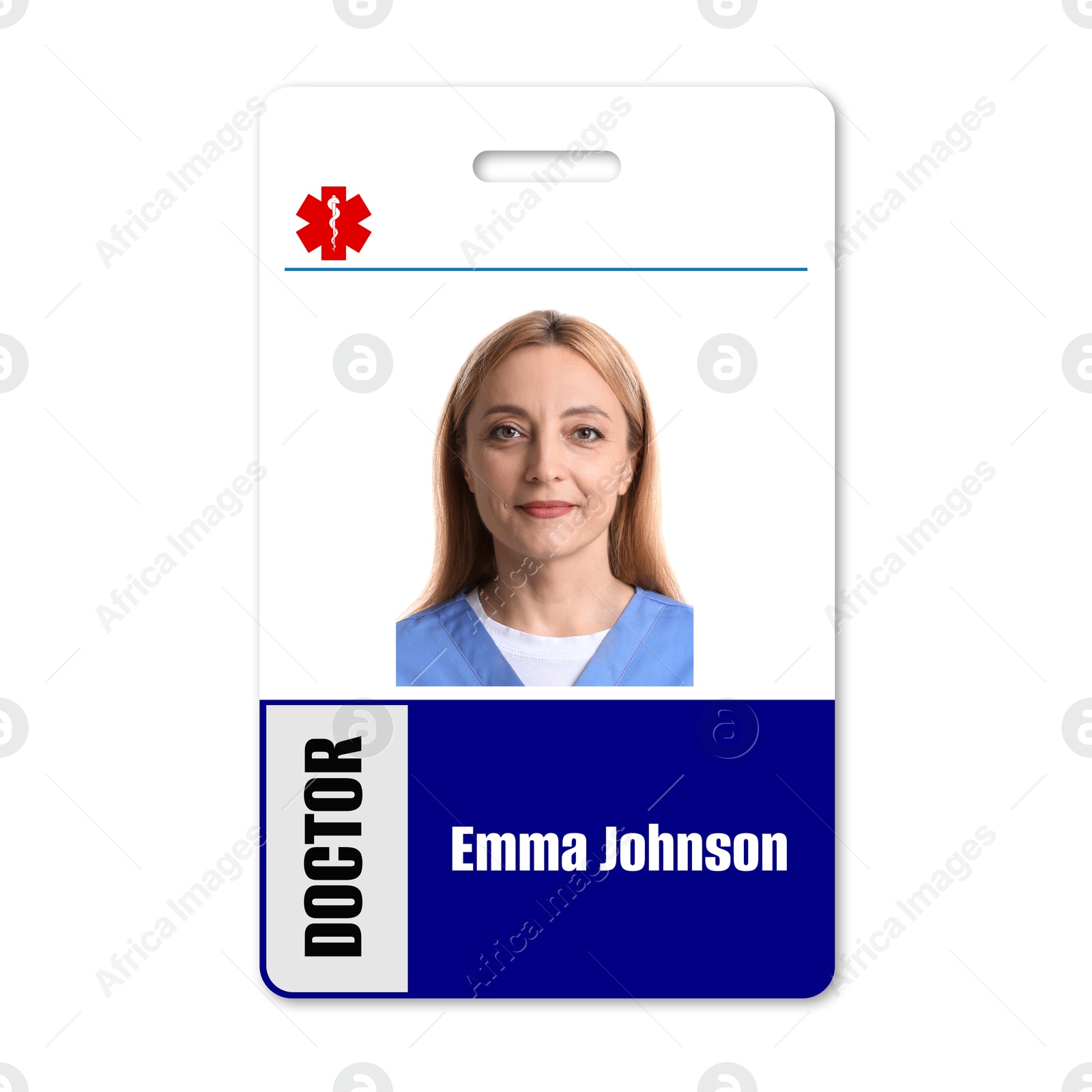 Image of Doctor's badge with photo of woman on white background