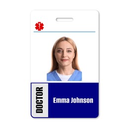 Image of Doctor's badge with photo of woman on white background