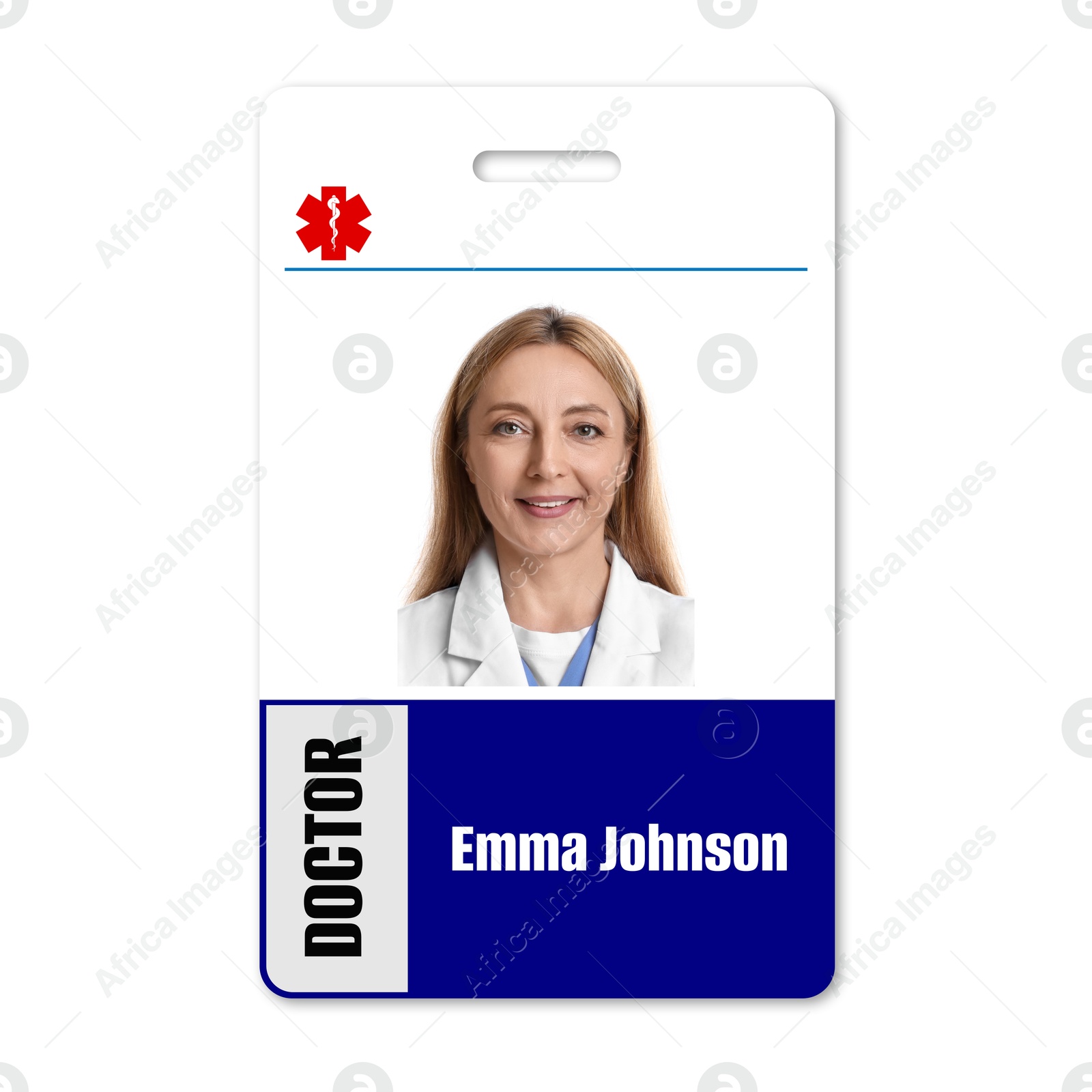 Image of Doctor's badge with photo of woman on white background