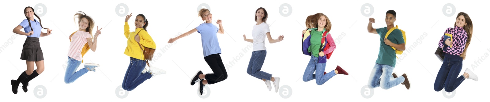 Image of Teens jumping on white background. Collage of full length portraits