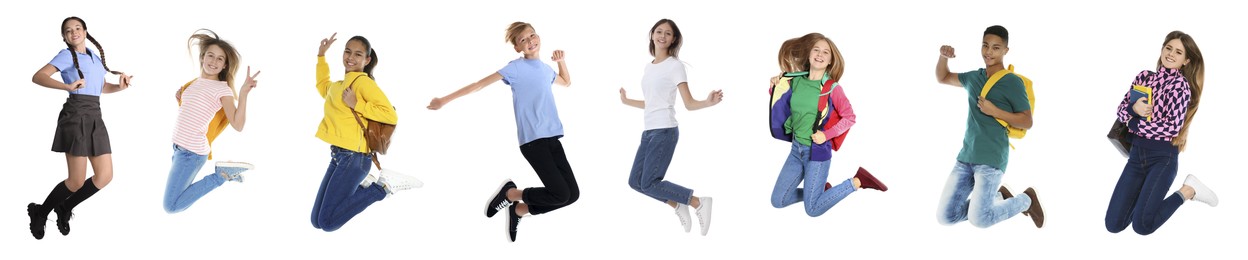 Image of Teens jumping on white background. Collage of full length portraits