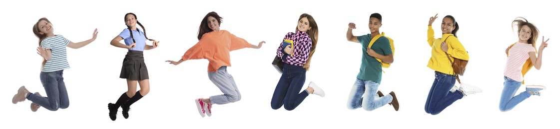 Teens jumping on white background. Collage of full length portraits