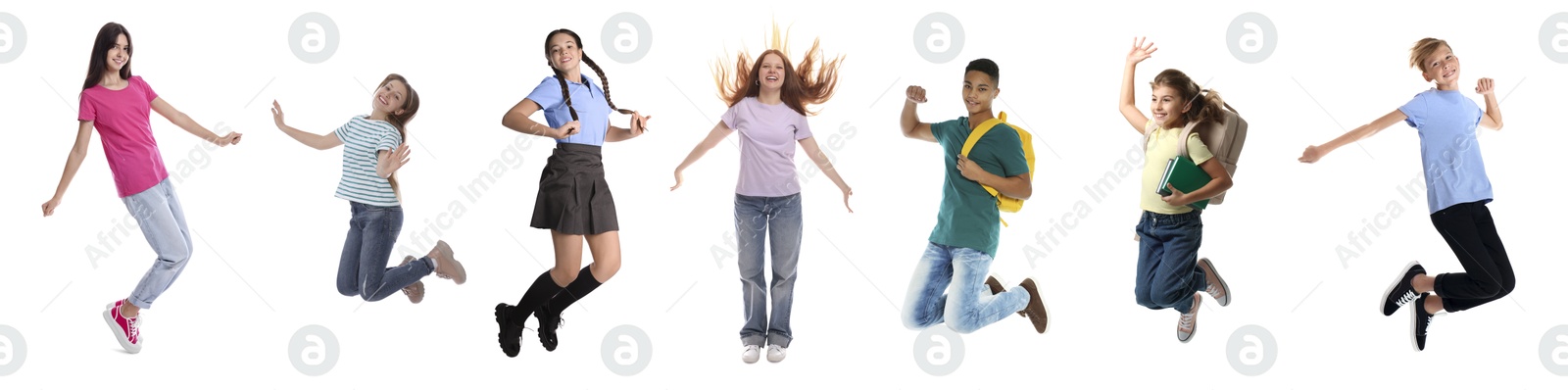 Image of Teens jumping on white background. Collage of full length portraits