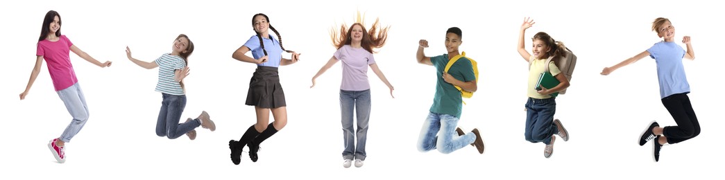 Image of Teens jumping on white background. Collage of full length portraits