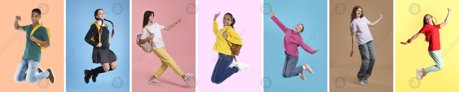 Image of Teens jumping on different colors backgrounds. Collage of full length portraits