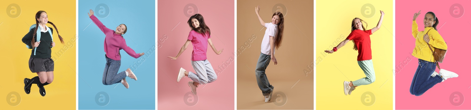 Image of Teens jumping on different colors backgrounds. Collage of full length portraits