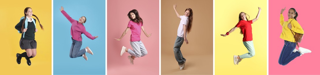 Image of Teens jumping on different colors backgrounds. Collage of full length portraits