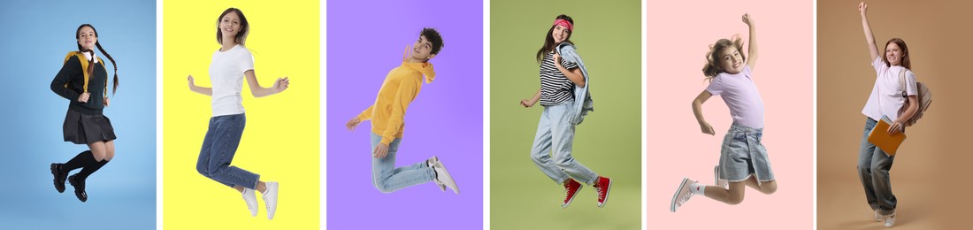 Teens jumping on different colors backgrounds. Collage of full length portraits