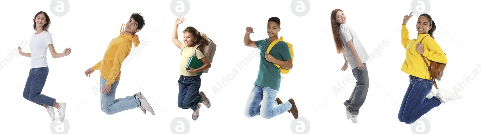 Image of Teens jumping on white background. Collage of full length portraits