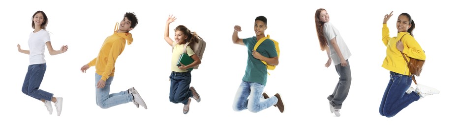 Image of Teens jumping on white background. Collage of full length portraits