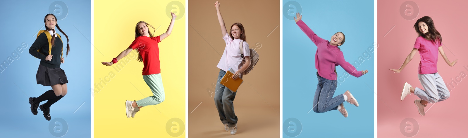 Image of Teens jumping on different colors backgrounds. Collage of full length portraits