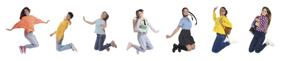 Image of Teens jumping on white background. Collage of full length portraits