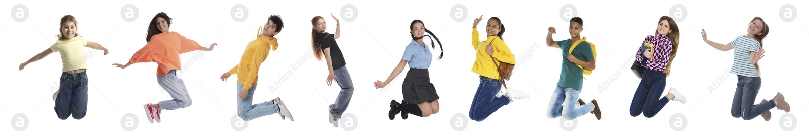 Image of Teens jumping on white background. Collage of full length portraits