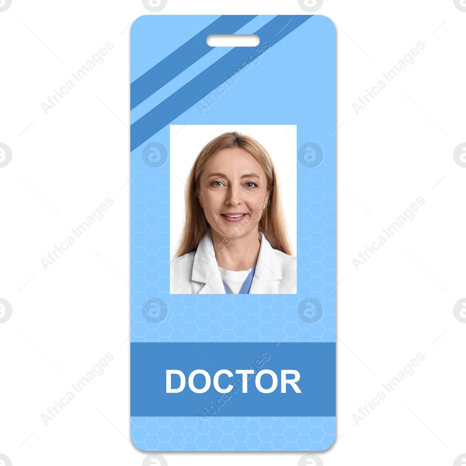 Image of Doctor's badge with photo of woman on white background