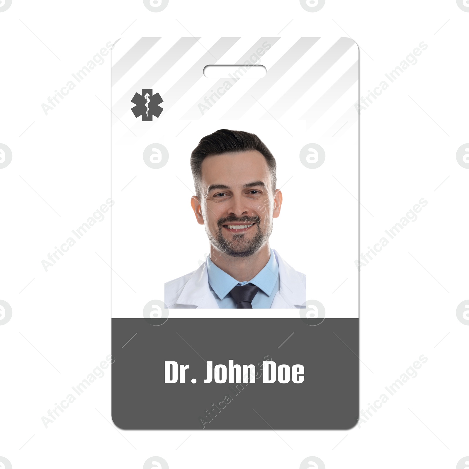 Image of Doctor's badge with photo of man on white background