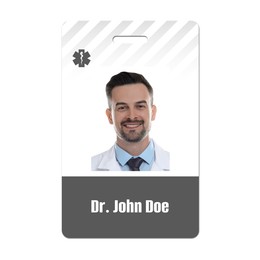 Doctor's badge with photo of man on white background