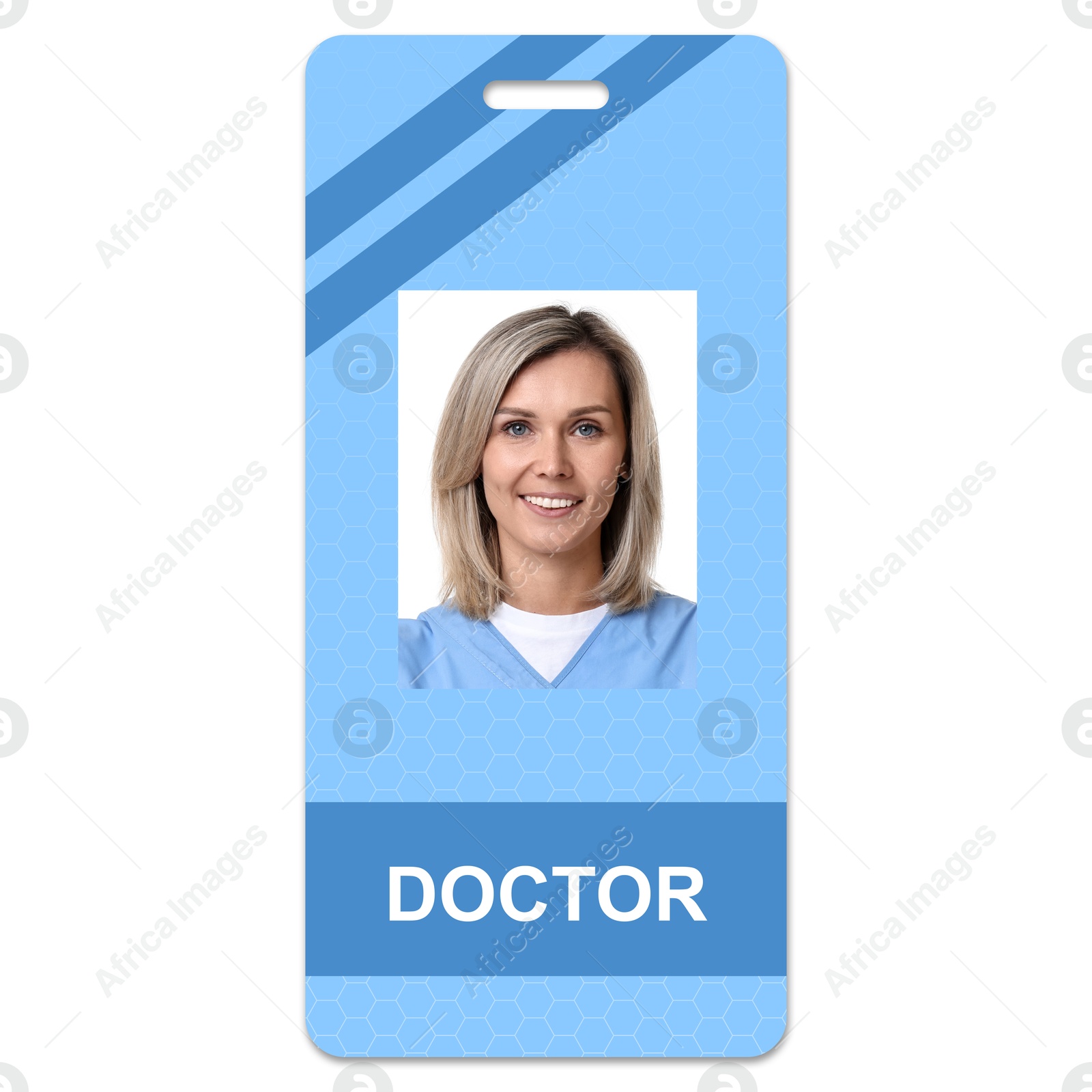 Image of Doctor's badge with photo of woman on white background