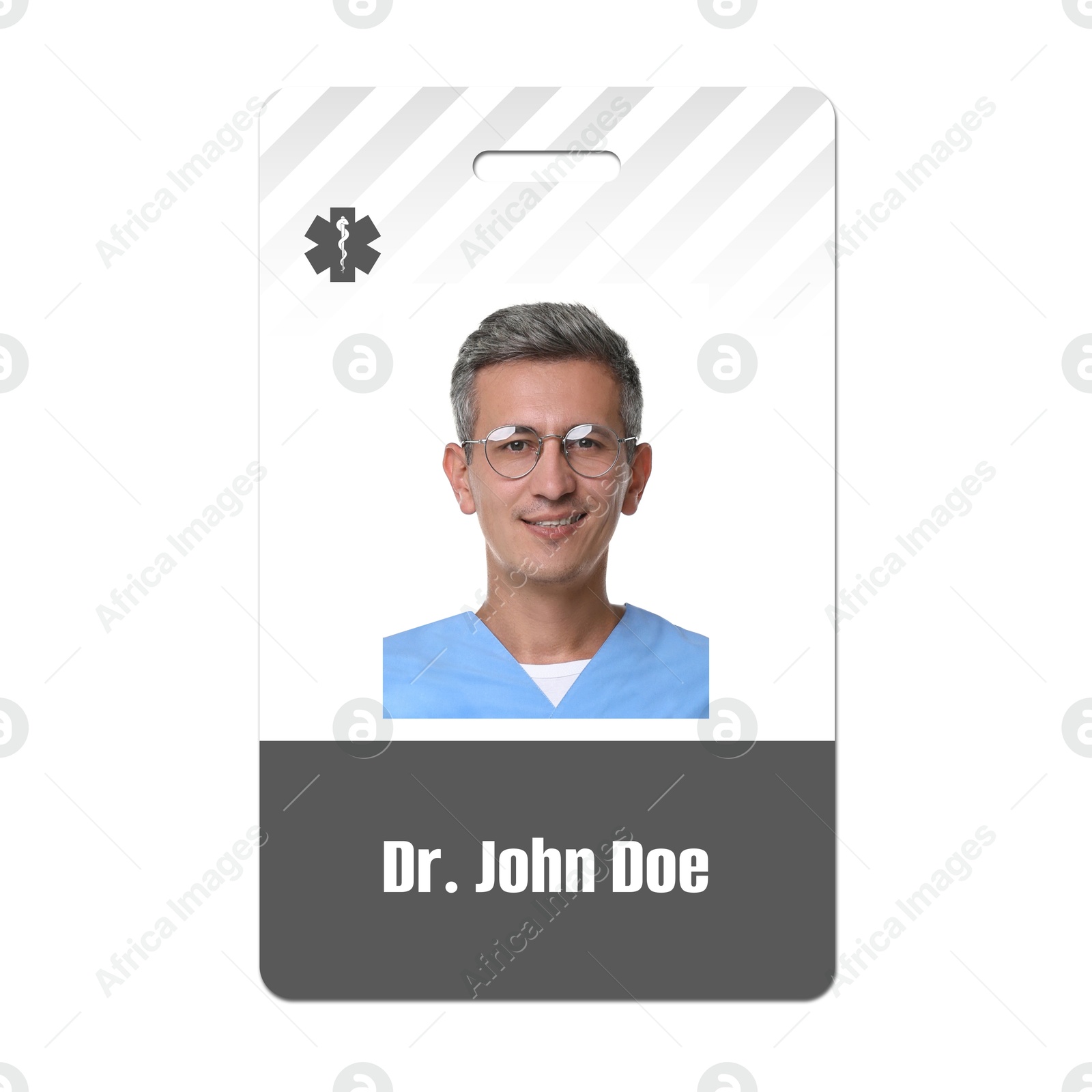 Image of Doctor's badge with photo of man on white background