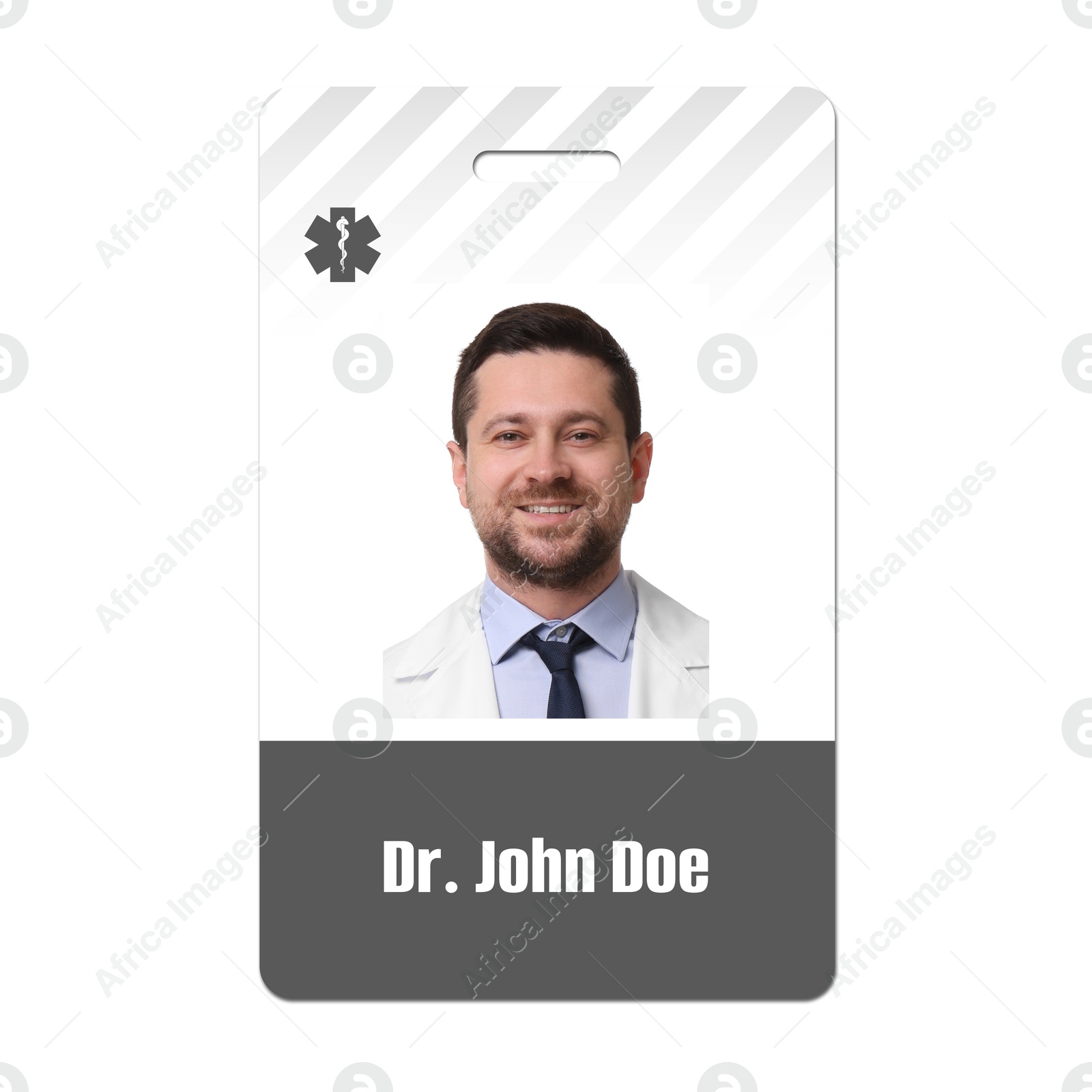 Image of Doctor's badge with photo of man on white background