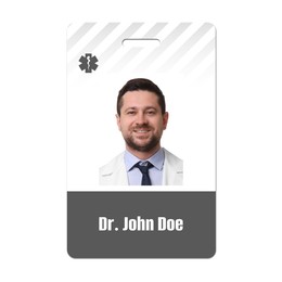 Image of Doctor's badge with photo of man on white background