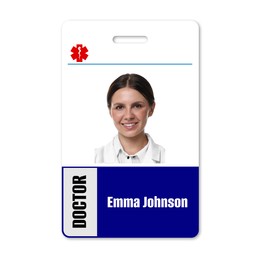 Image of Doctor's badge with photo of woman on white background