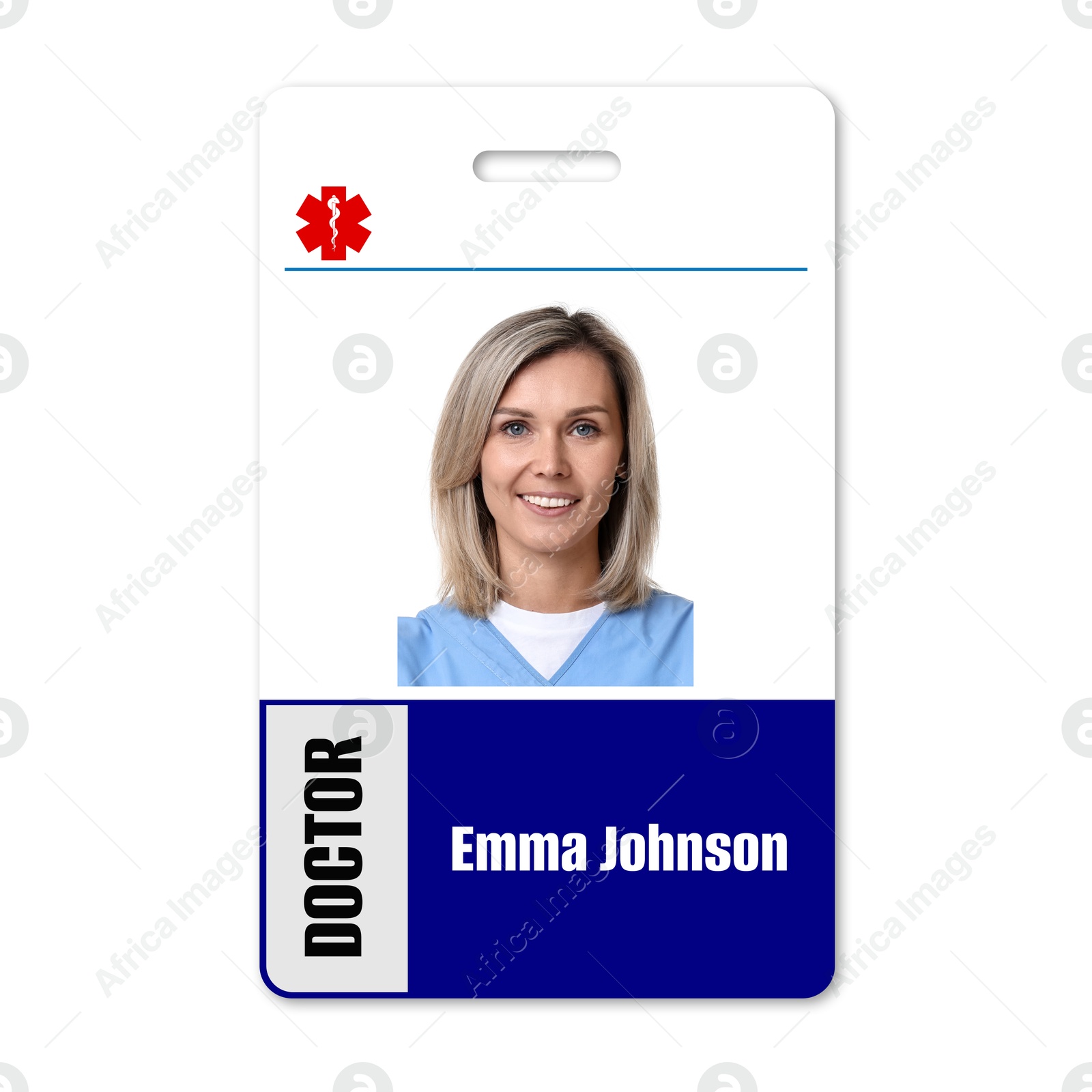 Image of Doctor's badge with photo of woman on white background