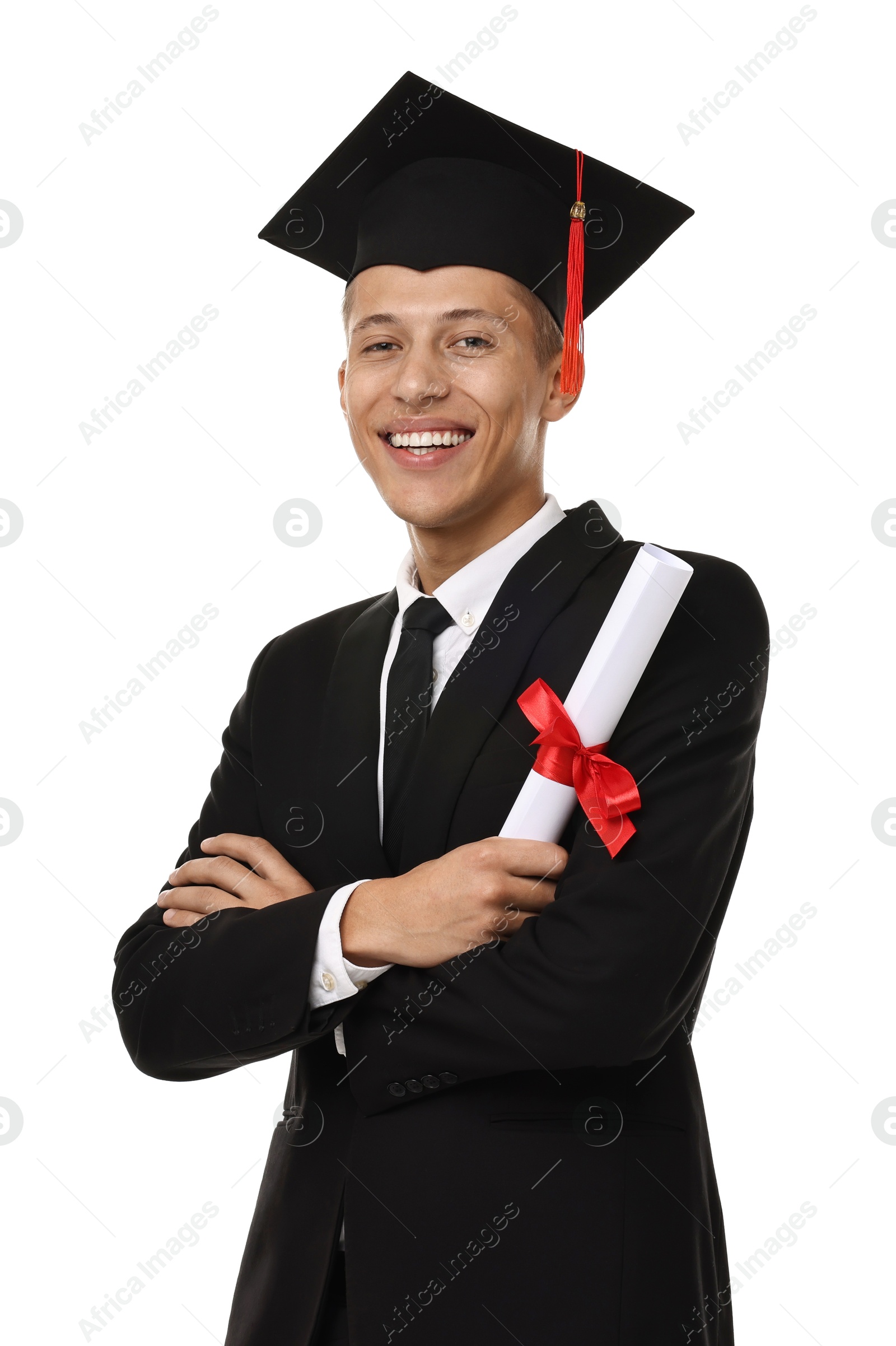 Photo of Happy student with diploma after graduation on white background