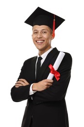 Photo of Happy student with diploma after graduation on white background