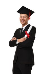 Photo of Happy student with diploma after graduation on white background