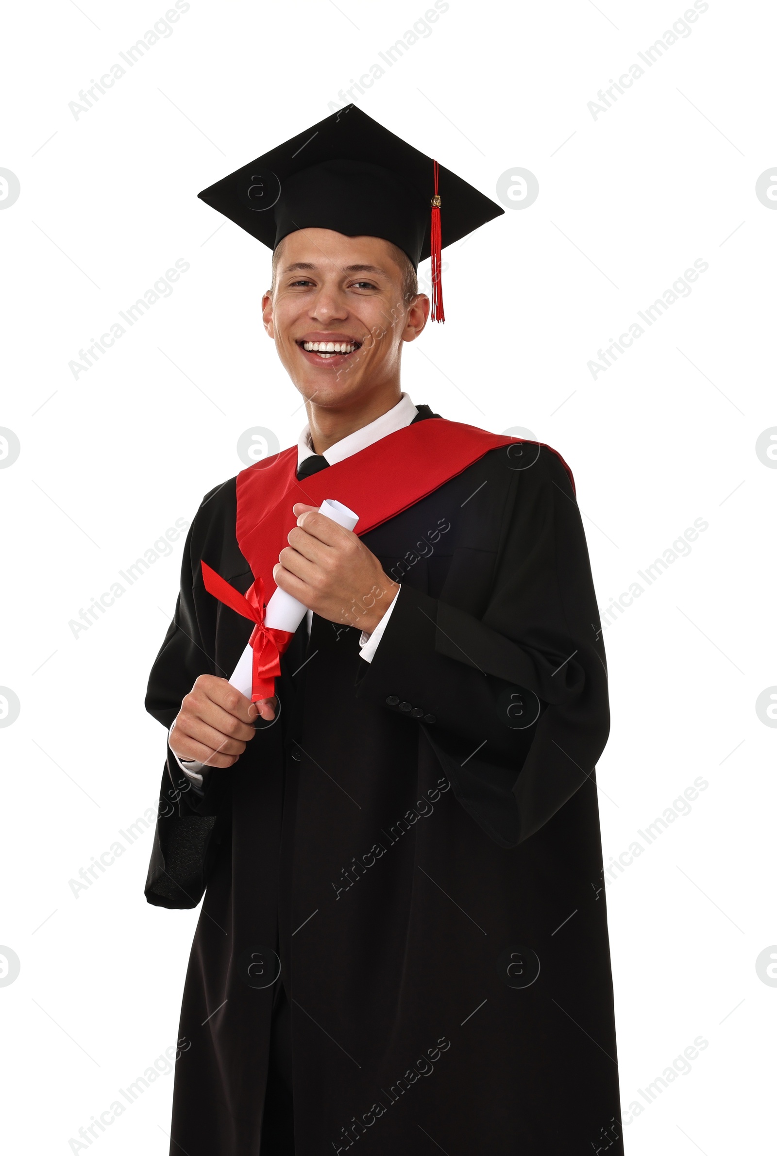 Photo of Happy student with diploma after graduation on white background