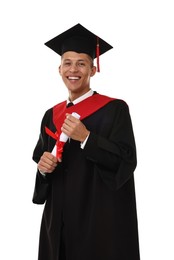 Happy student with diploma after graduation on white background