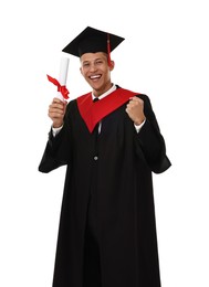 Photo of Happy student with diploma after graduation on white background