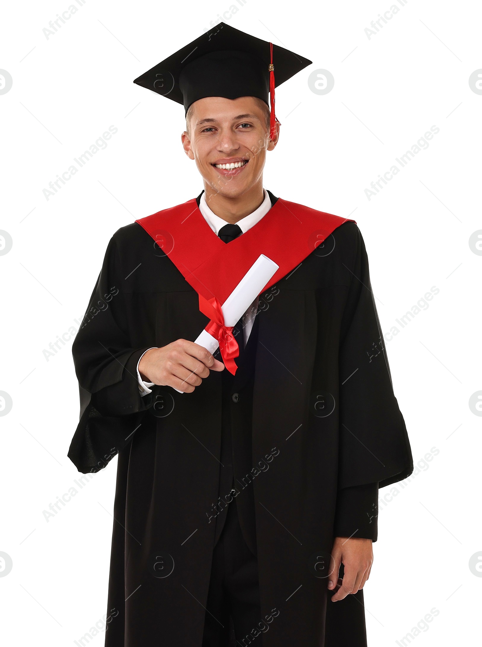 Photo of Happy student with diploma after graduation on white background