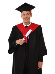 Photo of Happy student with diploma after graduation on white background