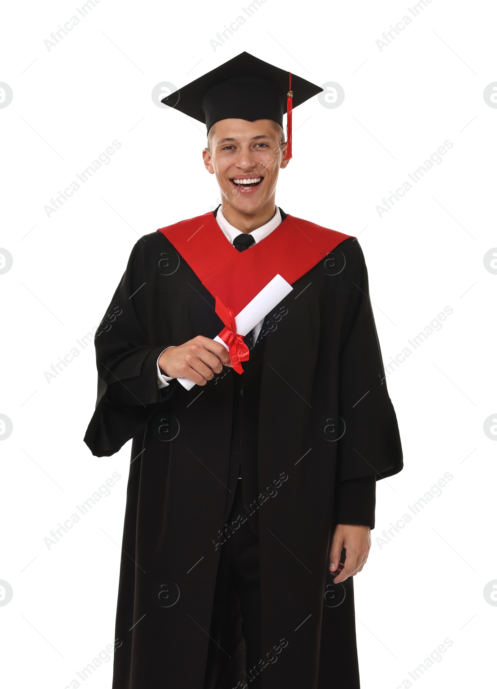 Photo of Happy student with diploma after graduation on white background