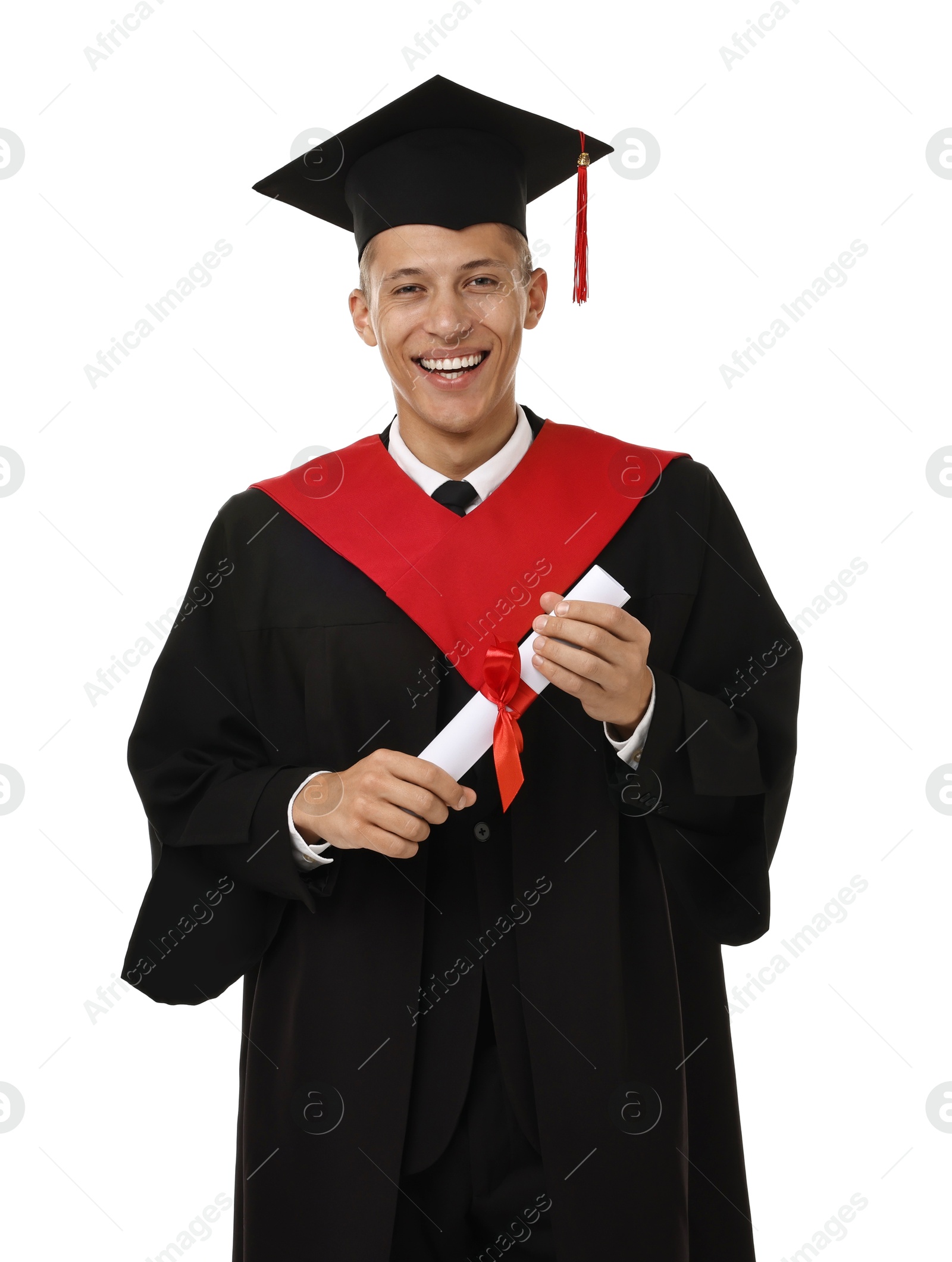 Photo of Happy student with diploma after graduation on white background