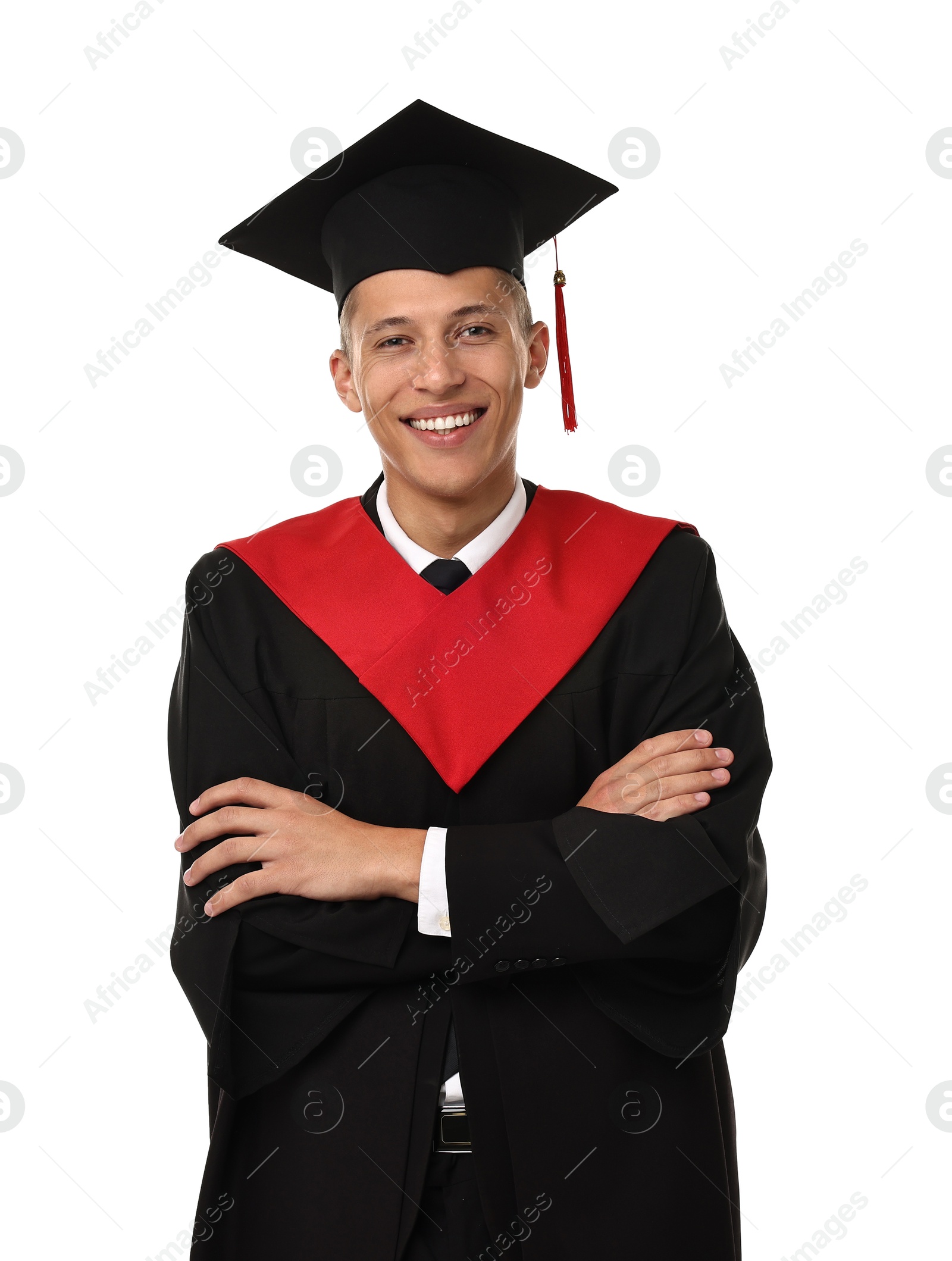 Photo of Happy student with crossed arms after graduation on white background