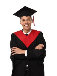 Photo of Happy student with crossed arms after graduation on white background