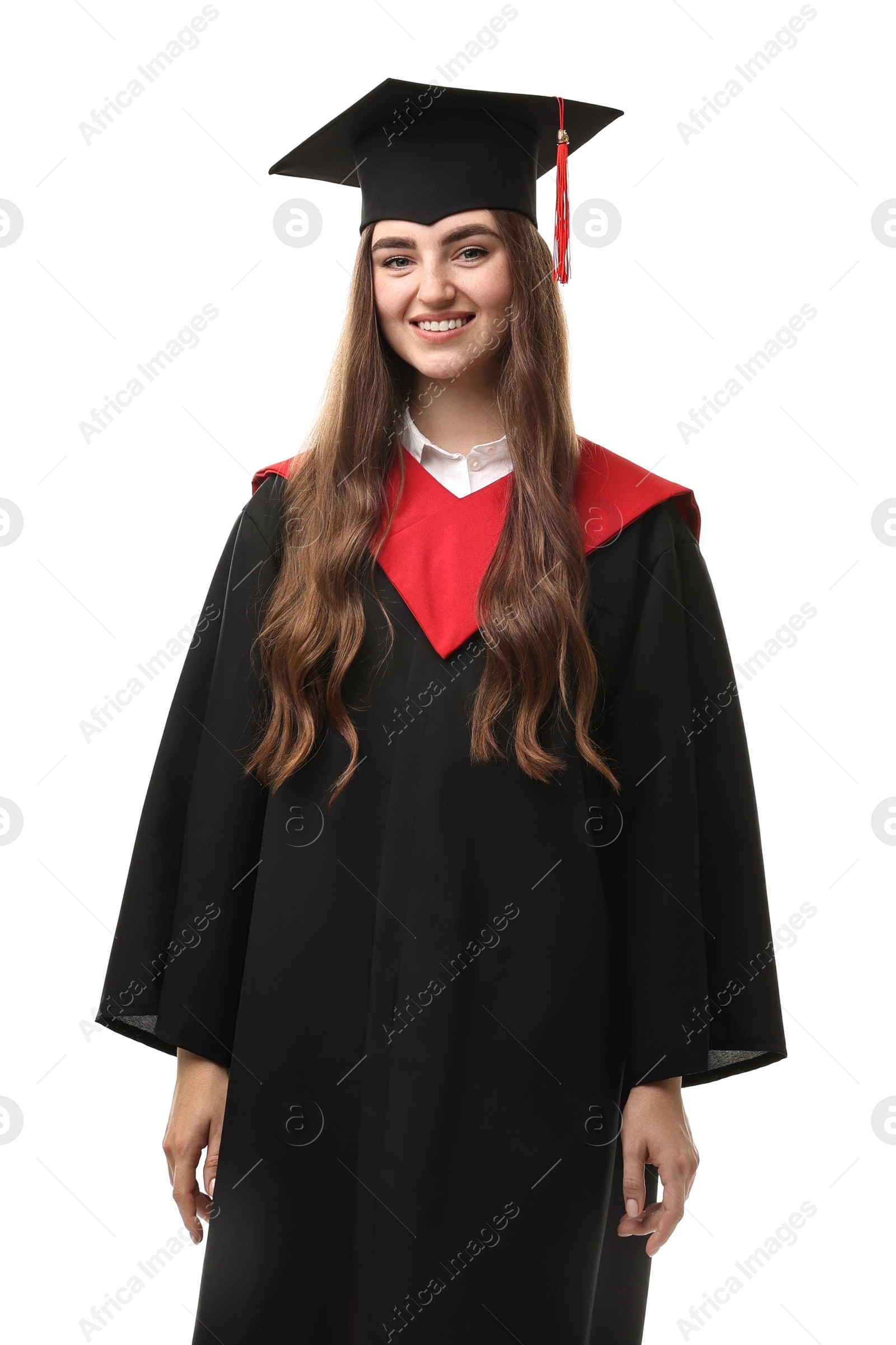 Photo of Happy student after graduation on white background