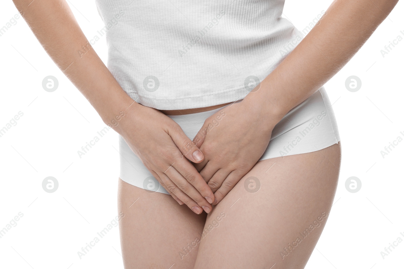 Photo of STD (sexually transmitted disease). Woman suffering from symptoms on white background, closeup