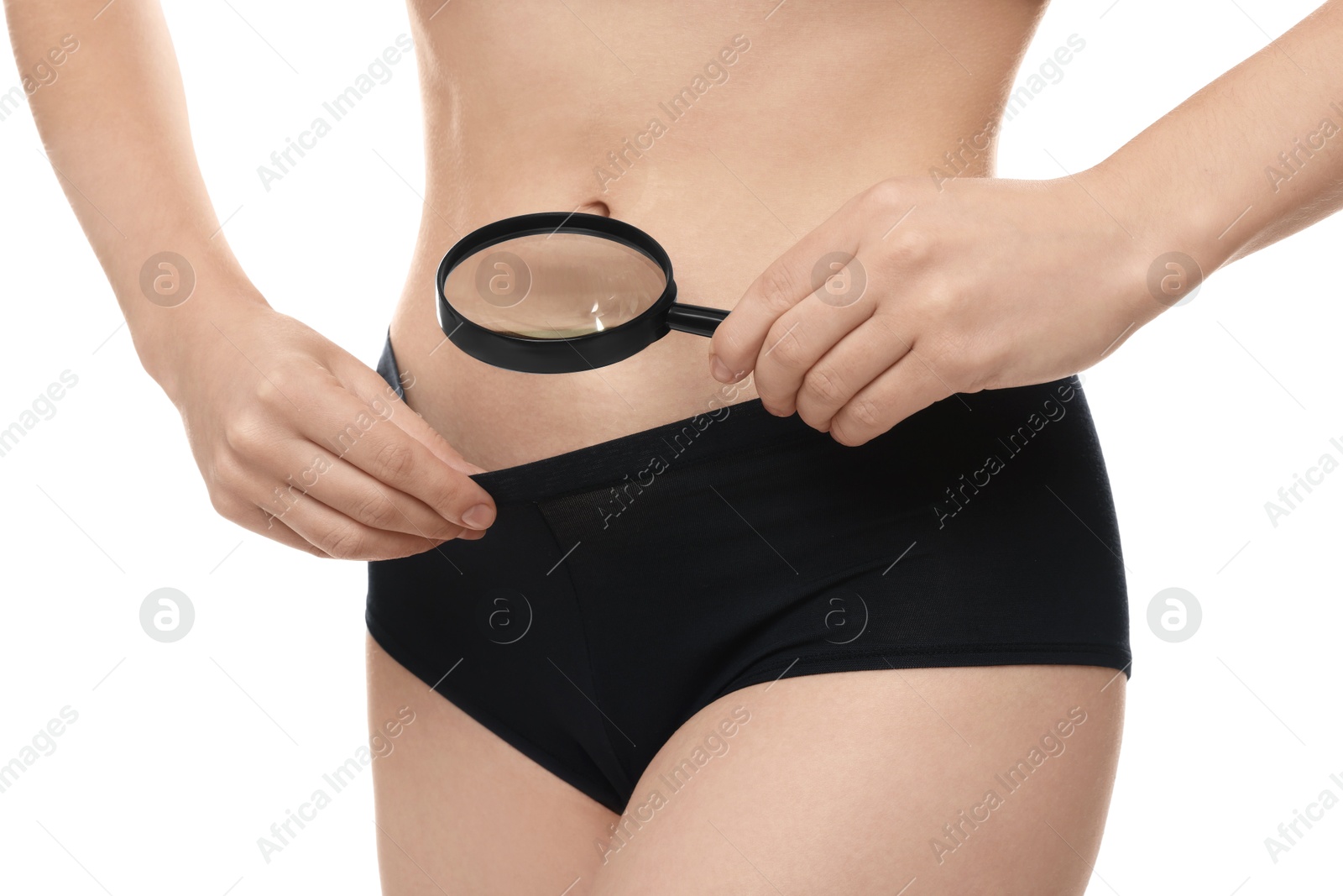 Photo of STD (sexually transmitted disease). Woman examining genital area with magnifying glass on white background, closeup