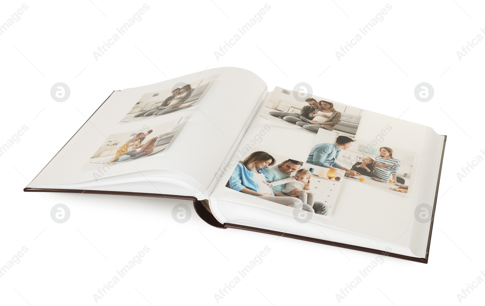 Photo of Open photo album with different photos isolated on white