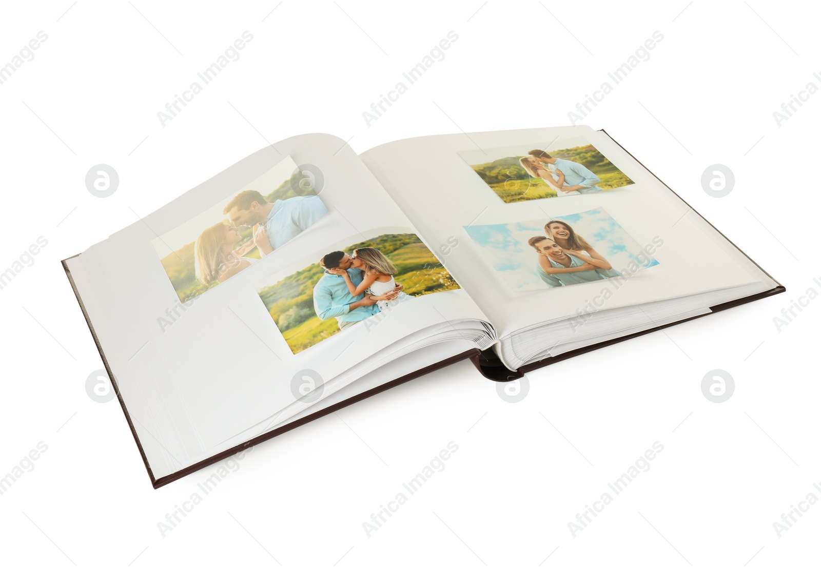 Photo of Open photo album with different photos isolated on white