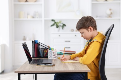 Photo of Boy with correct posture doing homework at wooden desk indoors