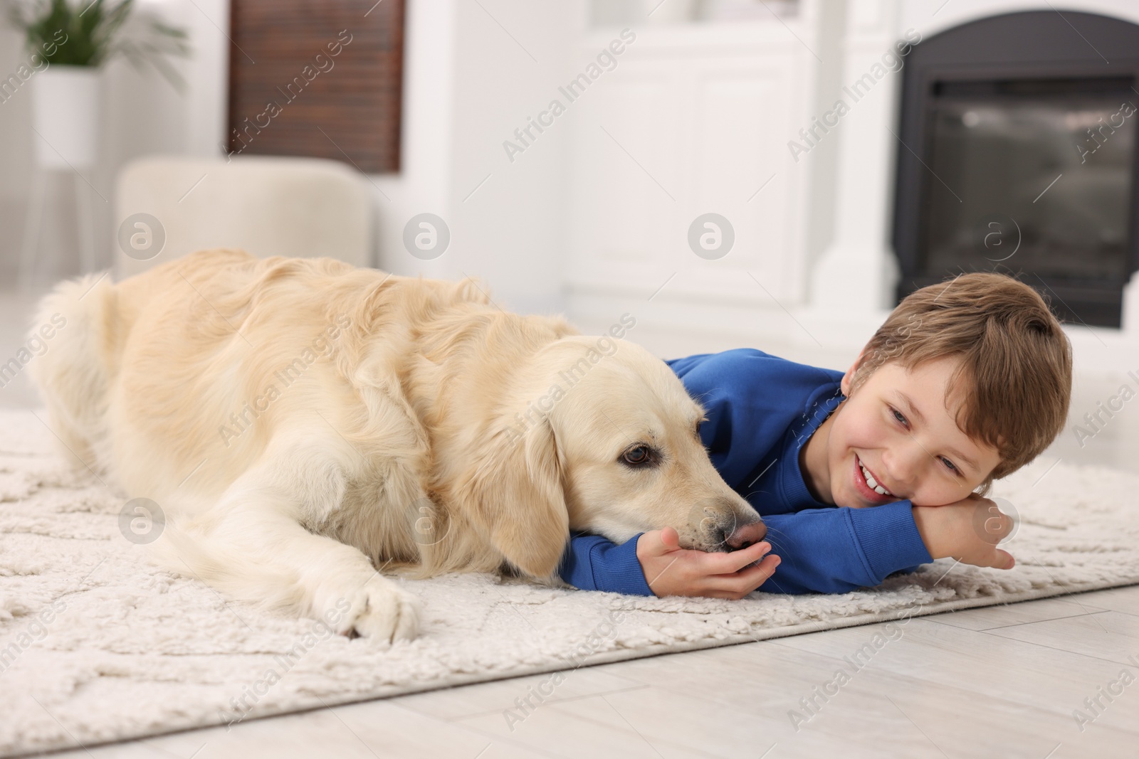 Photo of Boy with his cute dog at home